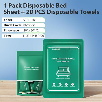 Disposable Sheet for Travel with 20 Pcs Disposable Face Towels, Disposable Bed Sheets with Compressed Towel Travel Sheet for Hotel, Cruise, Trip, SPA, Camping
