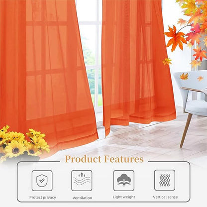 Sheer Curtains 63 Inches Long 2 Panels, Rod Pocket Short Curtain for Kitchen, Bedroom, Cafe Window(Burnt Orange 38" W x 63" L)