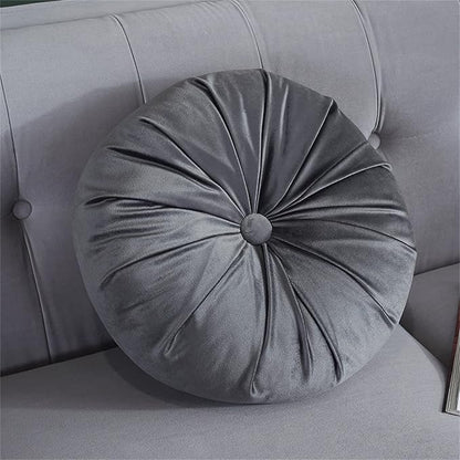 Round Throw Pillow Velvet Pumpkin Pleated Meditation Pillow Solid Color Home Decorative Throw Pillow Floor Cushion for Sofa Chair Living Room Decoration (Grey)