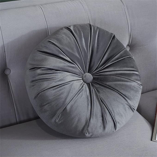 Round Throw Pillow Velvet Pumpkin Pleated Meditation Pillow Solid Color Home Decorative Throw Pillow Floor Cushion for Sofa Chair Living Room Decoration (Grey)
