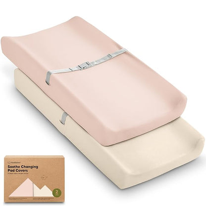 2-Pack Organic Changing Pad Covers for Girl, Boy, Neutral - 100% Cotton Changing Table Pad Cover, Soft Baby Nursery Diaper Changing Pad Sheets, Contour Changing Pads Liners, Change Pad Cover (Cameo)
