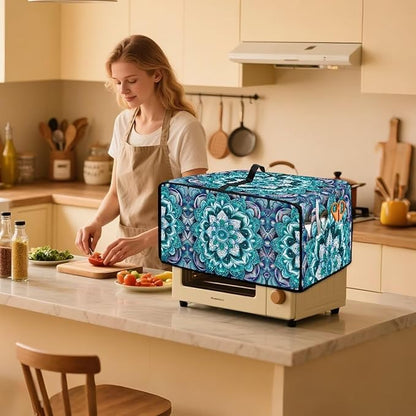 Boho Mandala Lotus Flower Print Microwave Oven Dust Cover with Storage Bags Toaster Oven Cover Polyester-Linen Fabric Small Appliance Dust Covers Fingerprint Protection, L