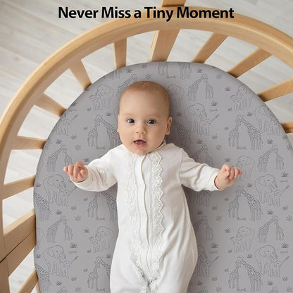 Baby Bassinet Sheets Girl Boy, Fitted Bassinet Sheet Set 3 Pack Bassinet Mattress Sheets Universal Fit for Rectangle, Round, Oval, Hourglass Mattress, Soft Breathable Elephant