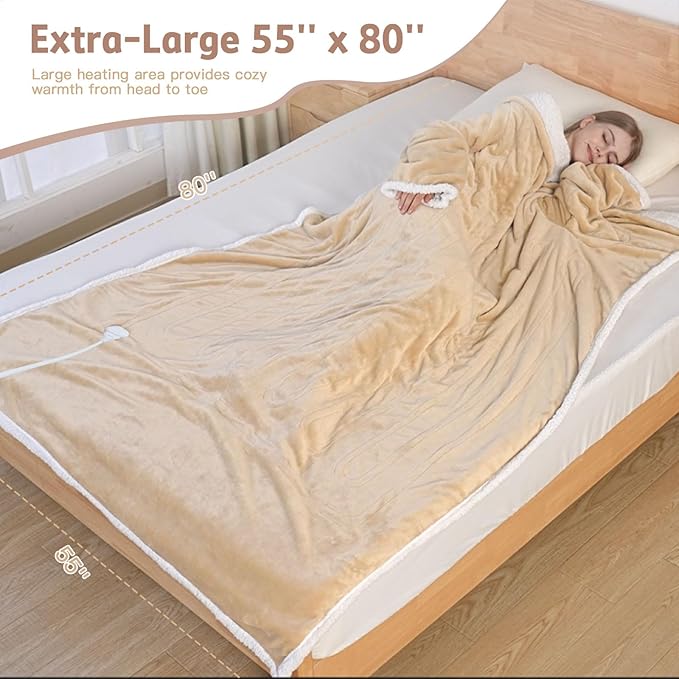 Heated Blanket, 55"×80" Wearable Electric Blanket with Sleeves, Sherpa Snuggle Throw Blanket, Warm Gift for Grandma, Mom, Dad, (Camel)