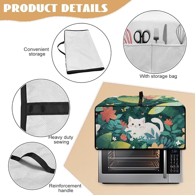Air Fryer Toaster Oven Dust Cover Protective Convection Oven Cover with Pockets and Handle for Kitchen Countertop, S, 14.5 x 18.5 x 9 Inches, White Cat Green Leaf Flower