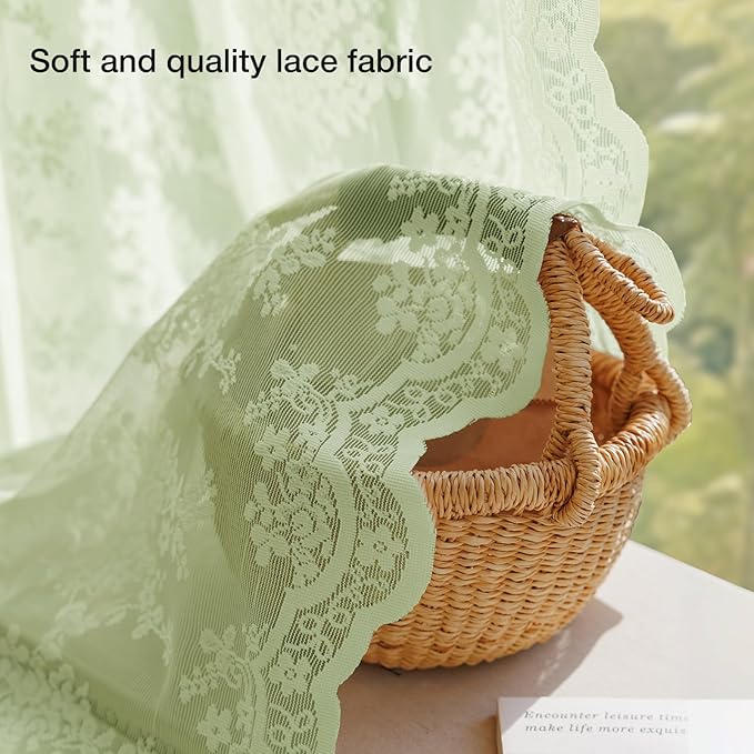 Anmao Vintage Lace Curtains 102 Inches Long 2 Panels, Romantic Semi Sheer Floral Lacy Curtain for Living Room, Elegant Window Drapes for Bedroom, Each 55W x 102L, Light Green