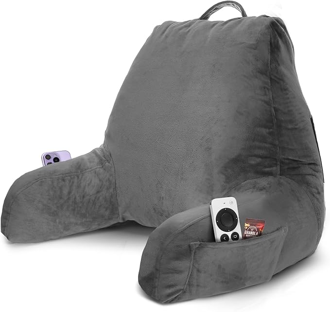 Nestl Reading Pillow with Shredded Memory Foam, Designed for Sitting Up in Bed and Couch, Back and Arms Adjustable Support for Adult & Teens Backrest Pillows for Reading, with Washable Cover Dark Grey
