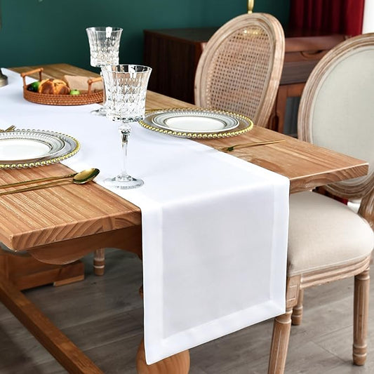 NEWISHER Farmhouse Rustic Table Runner Solid White Rectangular Table Runners Faux Linen Table Runner for Everyday Use Kitchen Dining Party Table 13x90 Inch