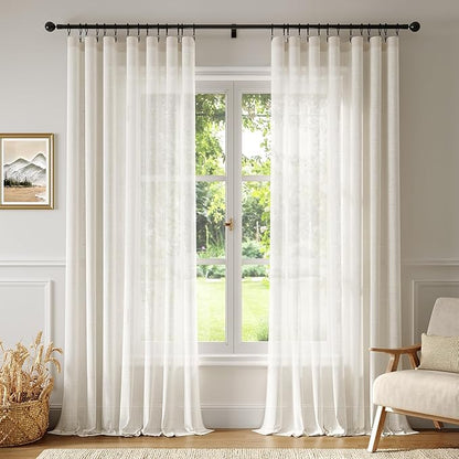 Anmao Natural Linen Curtains for Living Room 80 Inch Length 2 Panels Set, Light Filtering Semi Sheer Window Curtain Drapes for Bedroom with Curtain Rings and Clips, 52Wx120L, Ivory