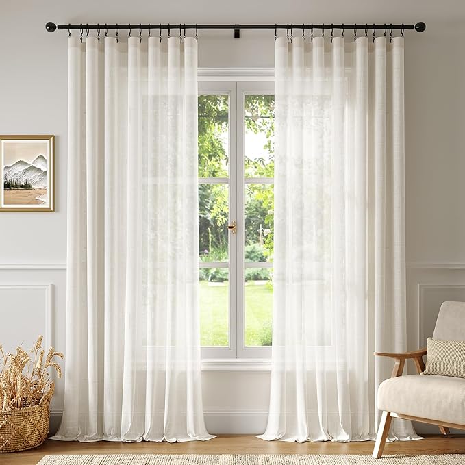 Anmao Natural Linen Curtains for Living Room 90 Inch Length 2 Panels Set, Light Filtering Semi Sheer Window Curtain Drapes for Bedroom with Curtain Rings and Clips, 52Wx90L, Ivory
