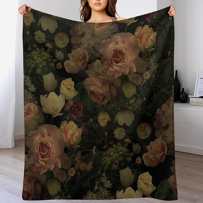 Black Floral Blanket, Rustic Watercolor Botanical Rose Peony Vintage Leaves Plant Boho Gothic Print Throw Blankets for Bed Living Room Bedding Couch Soft Decor, 40"x50"