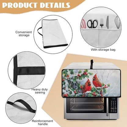 Christmas Microwave Oven Cover Air Fryer Toaster Oven Dust Cover with Accessory Pockets, Stain-resistant Small Electric Appliance Protector for Kitchen, S, Red Cardinal Bird Holly White