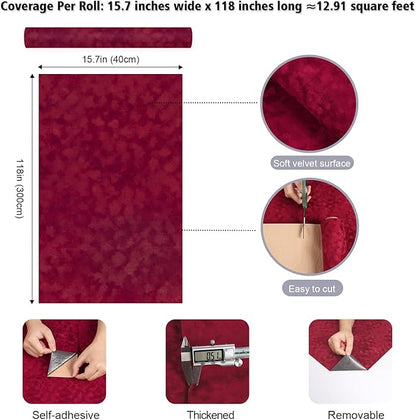 Red Velvet Drawer Liner 15.7"x118" Self Adhesive Burgundy Velvet Fabric Wallpaper Peel and Stick Soft Felt Liner for Jewelry Box Dresser Red Flocking Contact Paper for Cabinets Drawer Crafts
