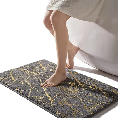 QJHOMO Marble Bathroom Rug Gray and Gold Decor Bathroom Rugs Non Slip Bath Mat Super Absorbent Microfiber Plush Bathmat Machine Washable Floor Carpet for Tub, Shower, Bedroom (20x32 inch)
