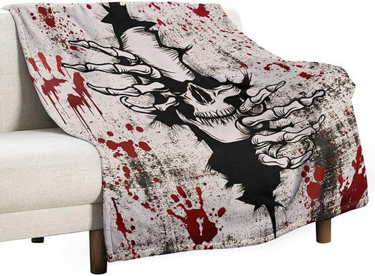 Horror Skull Throw Blanket, Halloween Day of The Dead Vintage Gothic Scary Blood Hand Soft Warm Fleece Blanket for Bed Couch Living Room All Season, 30"x40"