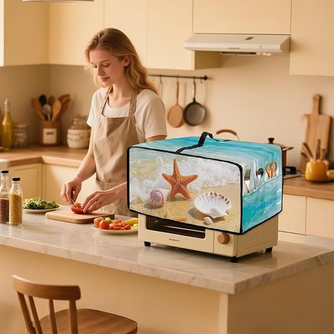 Air Fryer Toaster Oven Dust Cover Countertop Microwave Dust Cover Protector, Compatible with Convection Oven, M, 16.5 x 20.5 x 10 Inches, Beach Starfish Sea Shell