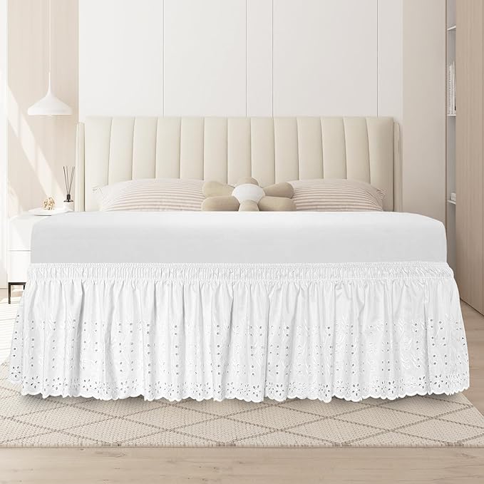 King Bed Skirt, Wrap-Around Elastic Ruffled Eyelet Bed Skirt King Size Dust Ruffle with Gathered Styling and Embroidered Details, 14" Drop Length (White)