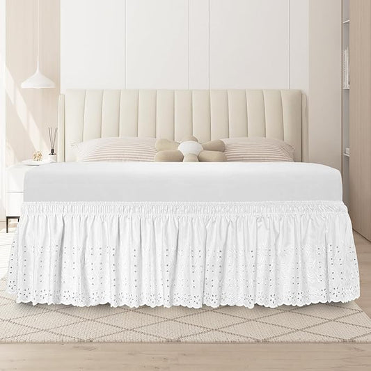 King Bed Skirt, Wrap-Around Elastic Ruffled Eyelet Bed Skirt King Size Dust Ruffle with Gathered Styling and Embroidered Details, 14" Drop Length (White)