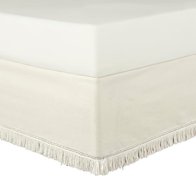 Lush Decor Boho Fringe 15-Inch Tailored Drop Easy Fit Bedskirt, Queen, Off-White