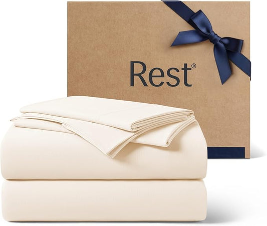 REST® Evercool®+ Cooling Sheet Set, King Size, Snow Ivory, Breathable Bed Sheets for Hot Sleeper and Night Sweats, with Pillowcases, with Ionic+ Self-Cleaning Silver Yarn for Sensitive Skin, 4PCS