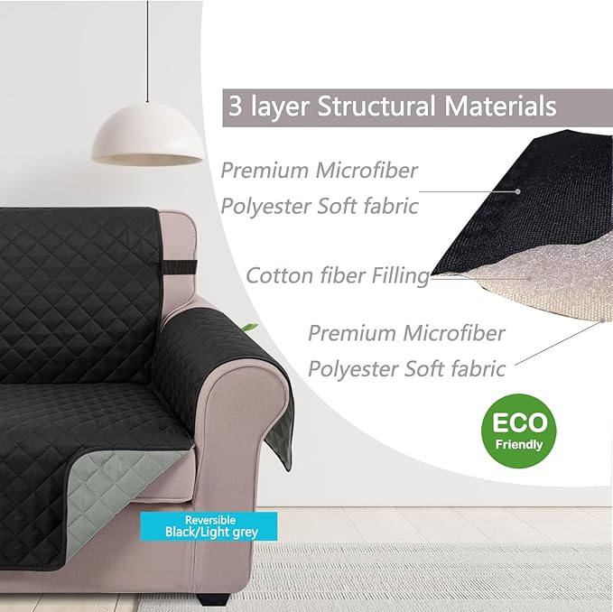 U-NICE HOME Recliner Chair Covers Reversible Chair Cover Pet Covers for Dogs with Elastic Straps Water Resistant Diamond Quilted (23''Recliner Small, Black/Grey)