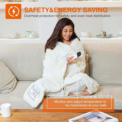 Heated Blanket 84"X90",Fast Heating Blanket with 6 Heat Levels 10 Hours Auto-Off Overheat Protection,Stripe Faux Rabbit Fur Soft Warm Electric Blanket, ETL Certified,Cream