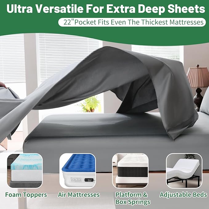 Extra Deep Pocket Queen Sheets 18-24 Inch 100% Egyptian Cotton 1000 Thread Count Sateen Weave Soft Breathable 4 Pieces（Queen,Grey）