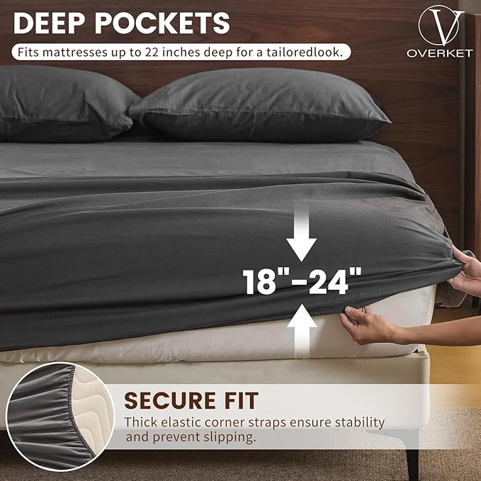 100% Linen Sheet Set Cal King Size Extra Deep Pocket Fits 18-24 Inch Mattress, Breathable & Soft, Smooth 6-Piece Set for Thick Mattresses Hotel Luxury Bedding（Cal King, Dark Grey）