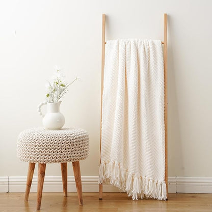 BATTILO HOME Cream Throw Blanket for Couch, Textured Knitted Throw Blanket with Tassels, Couch Cover Blanket Warm Decorative White Throw Blankets for Sofa Living Room, 60" x 80"