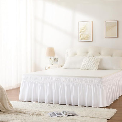 RIMELA White Bed Skirt Queen Size 16 Inch Drop, Elastic Bed Skirting for Bed Base and Frame, Bedding Dust Ruffle Easy to Install, Lightweight Wrap Around Adjustable Bedskirt