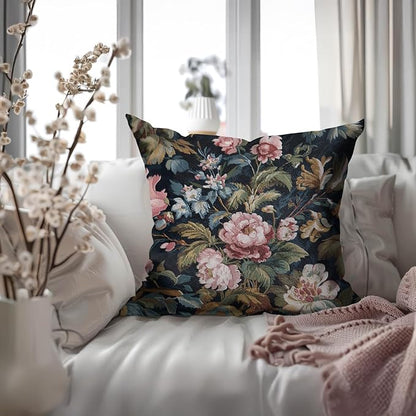 Vintage Floral Throw Pillow Covers, Vintage Flower Pattern Double Sided Cushion Cover, Indoor and Outdoor Home Art Decor Pillowcase for Sofa or Bedroom Decor 18x18inches (Pink Flower, 18x18inches)