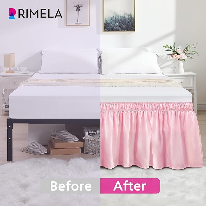 RIMELA Dusty Pink Bed Skirt Queen Size 15 Inch Drop, Wrap Around Elastic Bedskirt, Dust Ruffle for Adjustable Bed Base Machine Washable Easy to Install Bed Skirts