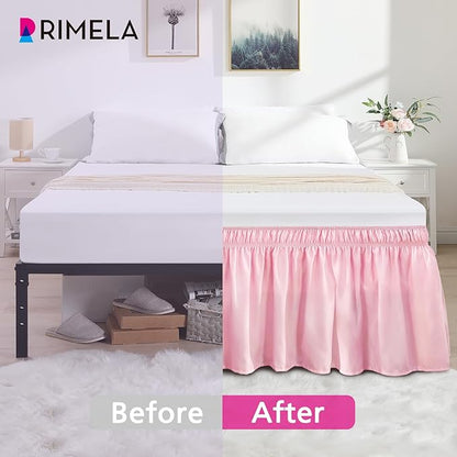 RIMELA Dusty Pink Bed Skirt King Size 15 Inch Drop, Wrap Around Elastic Bedskirt, Dust Ruffle for Adjustable Bed Base Machine Washable Easy to Install Bed Skirts