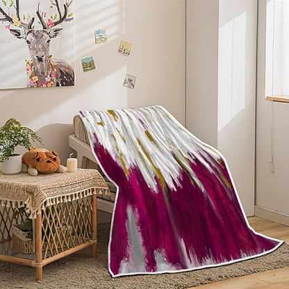 Abstract Ombre Throw Blankets, Modren Chic Art Oil Painting Cozy Warm Bed Couch Blanket, Hot Pink Gold White Fleece Flannel Throws to Decorate The Room and Bedroom