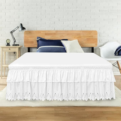 Twin Bed Skirt, Double-Layered Ruffled Eyelet Bed Skirt, Wrap-Around Elastic Dust Ruffle Twin Size with Gathered Styling and Embroidered Details, 18" Drop Length (White)
