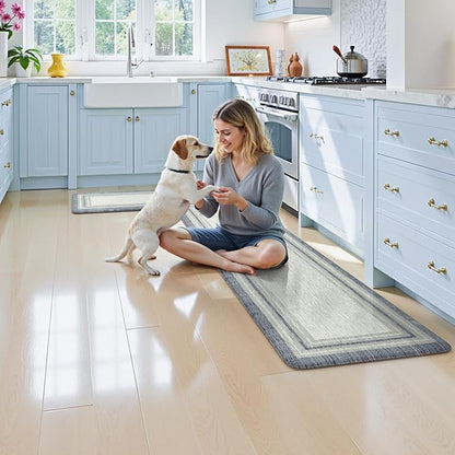 KIMODE Anti Fatigue Kitchen Mats for Floor, Blue Grey Farmhouse Kitchen Rugs Sets of 2, Padded Kitchen Floor Mats Non Slip, Cushioned Standing Mats for Front of Sink Laundry Desk 20"x71"+20"x32"