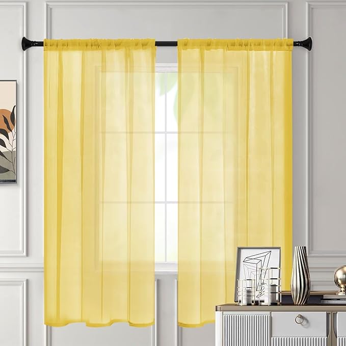 Sheer Curtains 54 Inches Long 2 Panels, Rod Pocket Short Curtain for Kitchen, Bedroom, Cafe Window(Yellow 38" W x 54" L)