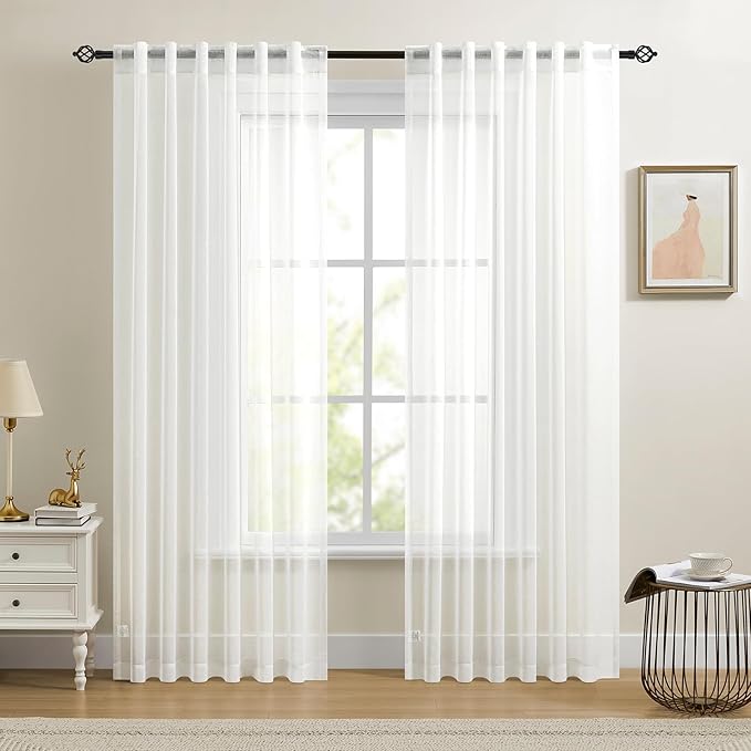 Dreaming Casa White Sheer Curtains 84 Inches Long, Rod Pocket & Back Tab Light Filtering Textured Sheers for Living Room Bedroom, 2 Panels, Each 52" W x 84" L