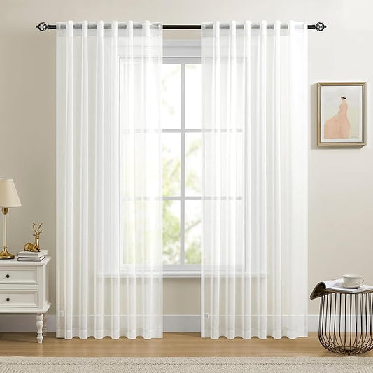 Dreaming Casa White Sheer Curtains 84 Inches Long, Rod Pocket & Back Tab Light Filtering Textured Sheers for Living Room Bedroom, 2 Panels, Each 52" W x 84" L
