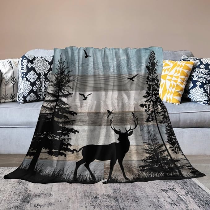 Rustic Deer Throw Blanket, Retro Cabin Farmhouse Country Lodge Blue Brown Wooden Board Wild Forest Animals Deer Bird Print Warm Cozy Blanket for Bed Couch Sofa Travel, 60"x80"
