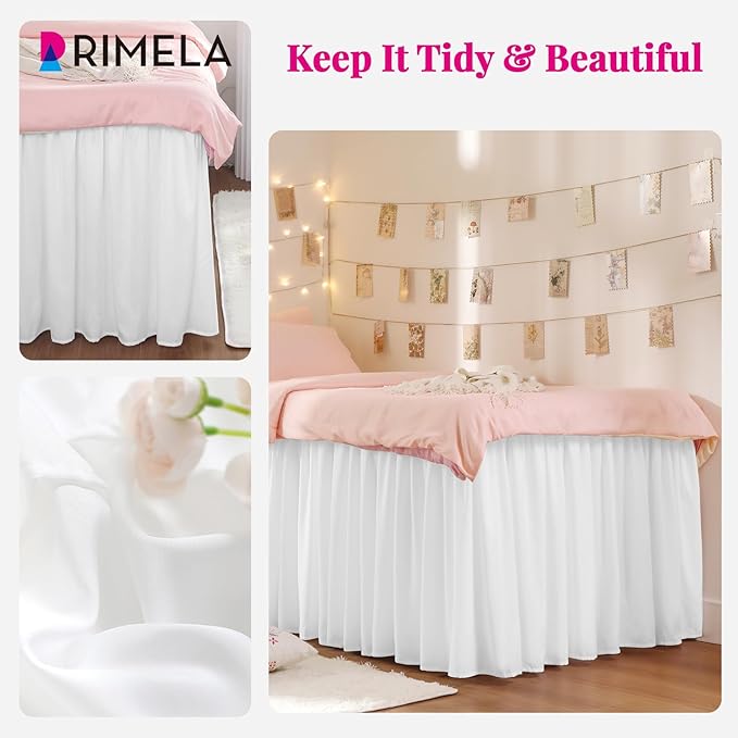 RIMELA Dorm Bed Skirt Twin XL 22 Inch Drop, Extra Long Wrap Around Elastic Bed Skirts Easy to Put On Twin Size Dust Ruffle, White Bedskirt for Adjustable Bed Base Solid Silky Fabric Machine Washable