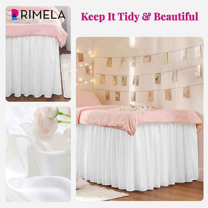 RIMELA Dorm Bed Skirt Twin XL 32 Inch Drop, Easy to Install Extra Long Wrap Around Elastic Dust Ruffle, White Bedskirt Solid Silky Fabric Machine Washable, Bedroom Decor