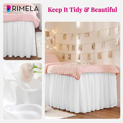 RIMELA Dorm Bed Skirt Twin XL 46 Inch Drop, Easy to Install Extra Long Wrap Around Elastic Dust Ruffle, White Bedskirt Solid Silky Fabric Machine Washable (Twin XL 80“L x 39”W & Twin 75“L x 39”W)