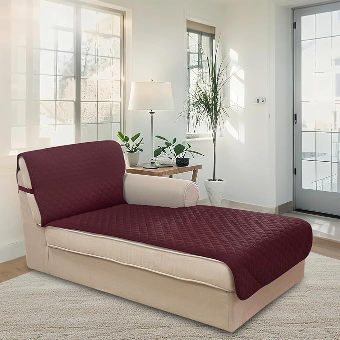 U-NICE HOME Sectional Couch Cover for Dogs Chaise Lounge Reversible Sofa Cover Furniture Protector Cover for Pets with Elastic Adjustable Strap (Chaise Lounge, Burgundy/Tan)