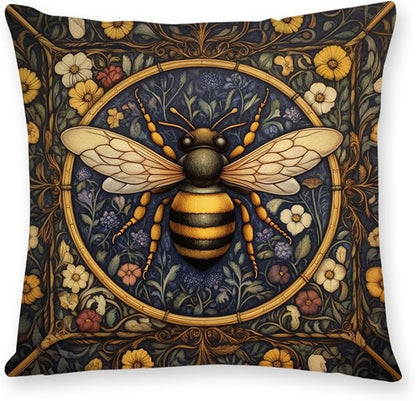 YOU FOUND ME William Morris Abstract Vintage Floral Velvet Butterfly Design Throw Pillow Covers Home Decor, Retro Art Deco Pillowcase Cushion Cover for Bed Sofa Living Room, Square 18x18inch (Bee)