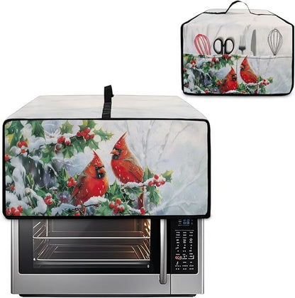 Christmas Microwave Oven Cover Air Fryer Toaster Oven Dust Cover with Accessory Pockets, Stain-resistant Small Electric Appliance Protector for Kitchen, L, Red Cardinal Bird Holly White