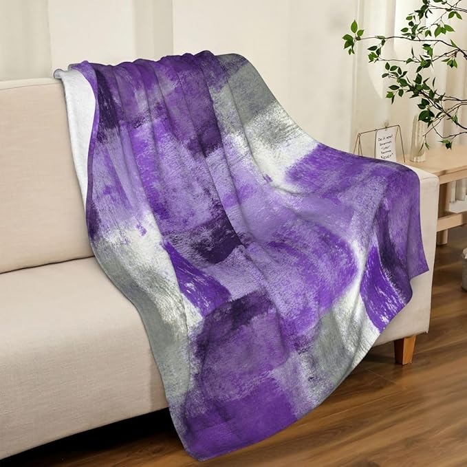 LOKMU Throw Blanket, Purple and Grey White Abstract Art Ultra-Soft Cozy Flannel Blankets, Fuzzy Plush Lightweight Modern Blanket for Couch Sofa Bedding Home Decor, 60" L x 50" W