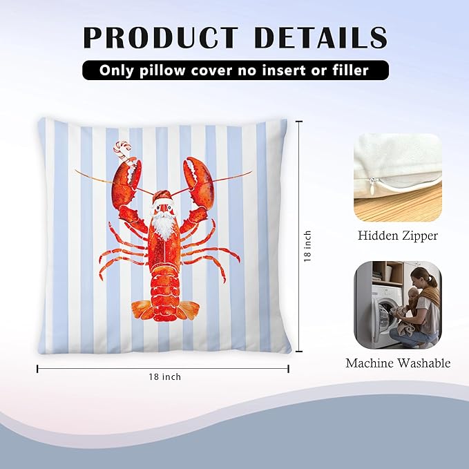 Coastal Christmas Lobster Pillow Covers 18x18, Christmas Lobster Decor, Xmas Santa Crawfish Beach Blue Striped Throw Pillow Covers for Home Bedroom Living Room Sofa Couch
