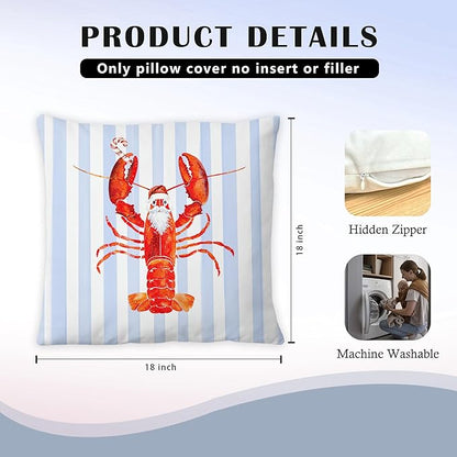 Coastal Christmas Lobster Pillow Covers 18x18, Christmas Lobster Decor, Xmas Santa Crawfish Beach Blue Striped Throw Pillow Covers for Home Bedroom Living Room Sofa Couch