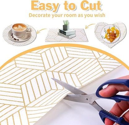 Shelf Liners for Kitchen Cabinets Non Adhesive Shelf Liner Paper Non-Slip Thickened Drawer Liner Easy to Clean for Tool Box Refrigerator with Knife and Tape Measure, Gold Geometric, 17.3 x 354.3 in